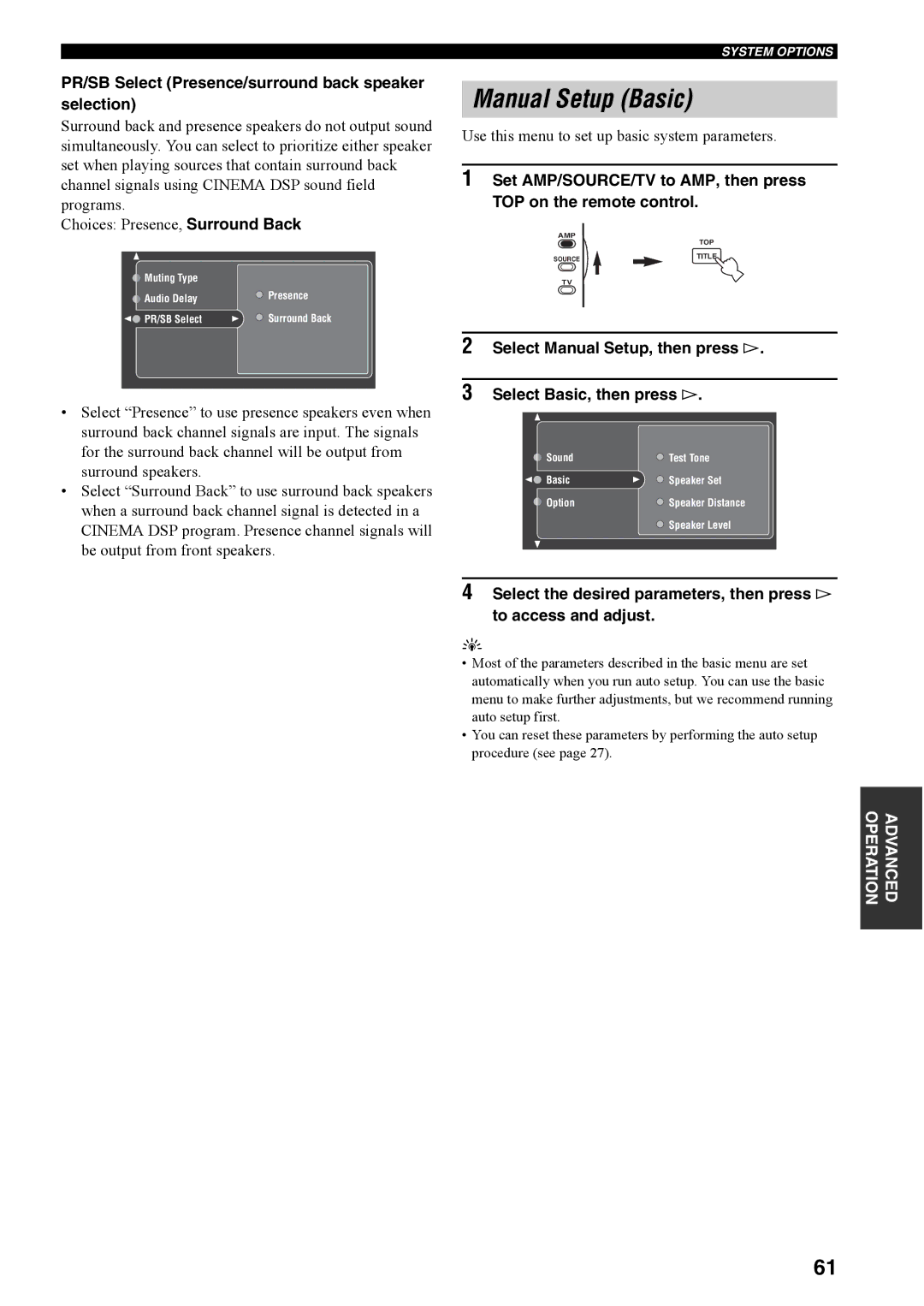 Yamaha RX-V4600 owner manual Manual Setup Basic, PR/SB Select Presence/surround back speaker selection 