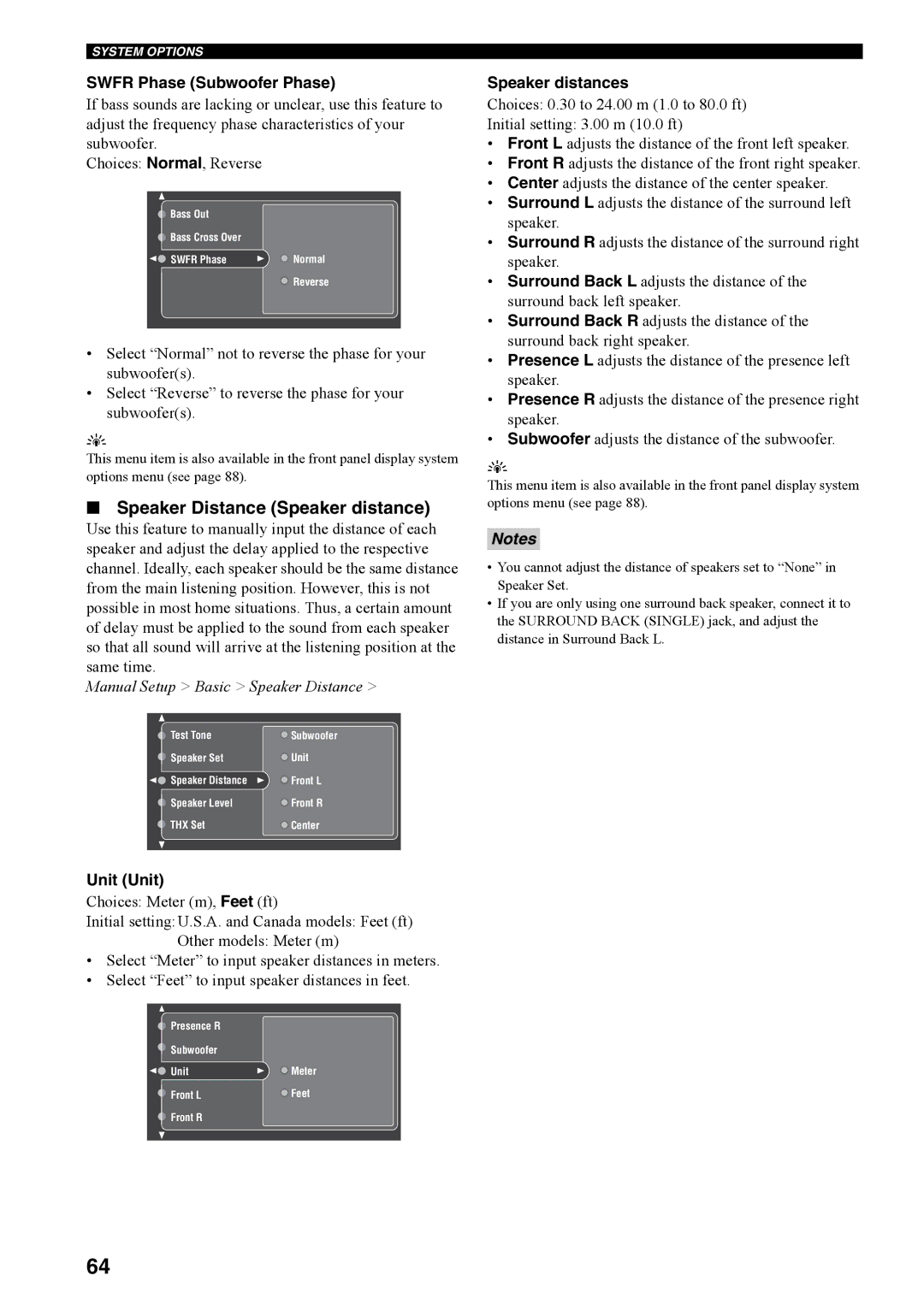 Yamaha RX-V4600 owner manual Speaker Distance Speaker distance, Swfr Phase Subwoofer Phase, Unit Unit, Speaker distances 