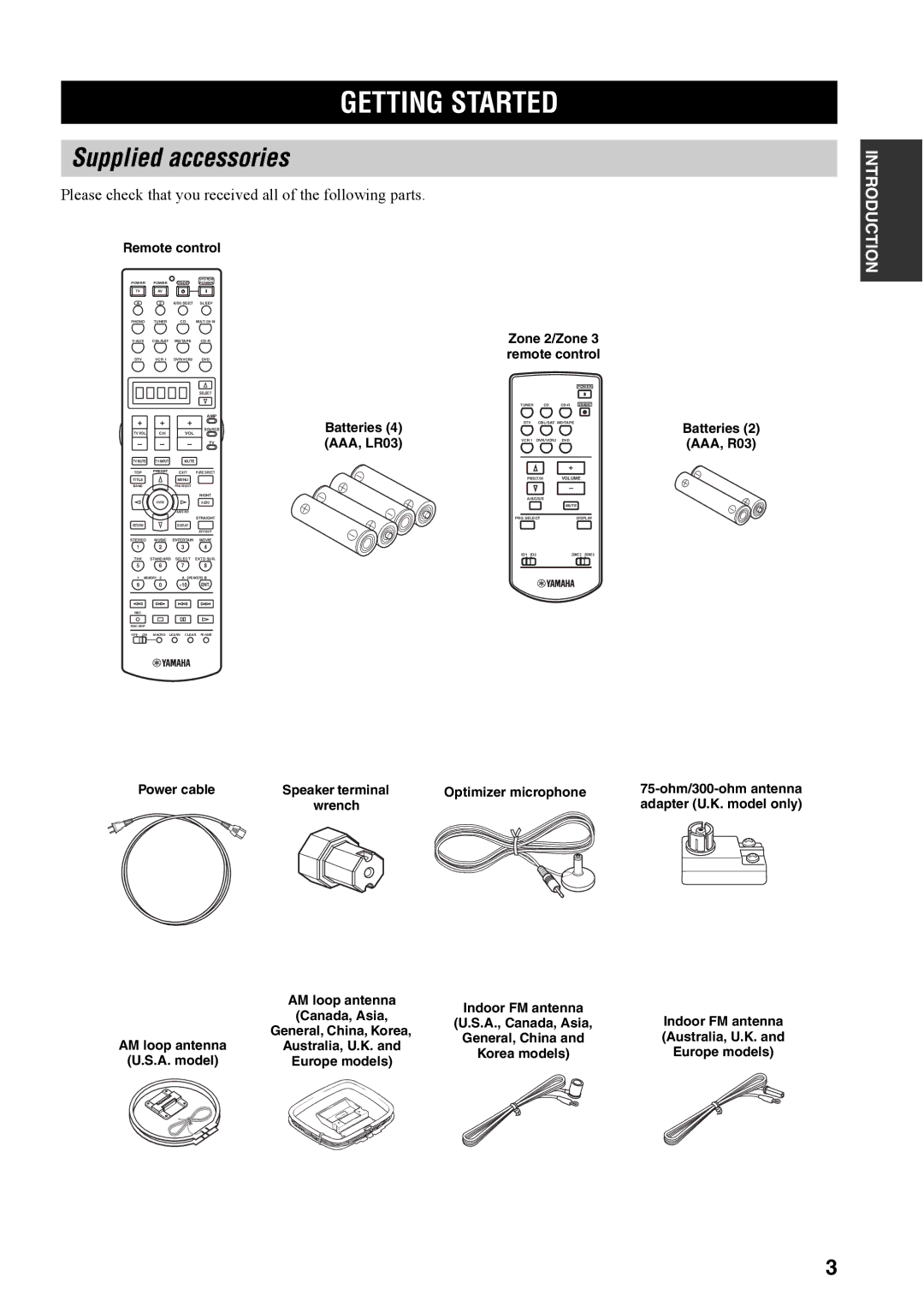 Yamaha RX-V4600 Getting Started, Supplied accessories, Please check that you received all of the following parts 