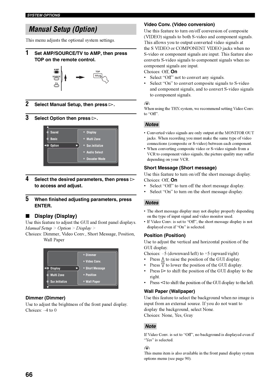 Yamaha RX-V4600 owner manual Manual Setup Option, Display Display, Enter 