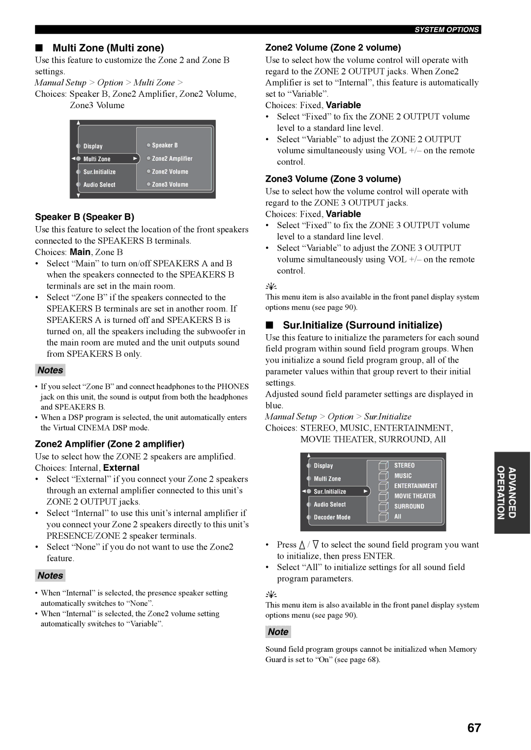 Yamaha RX-V4600 owner manual Multi Zone Multi zone, Sur.Initialize Surround initialize 