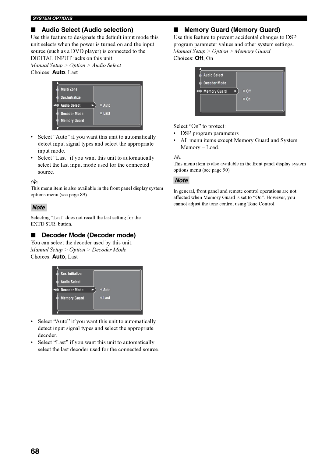 Yamaha RX-V4600 owner manual Memory Guard Memory Guard, Choices Auto, Last 
