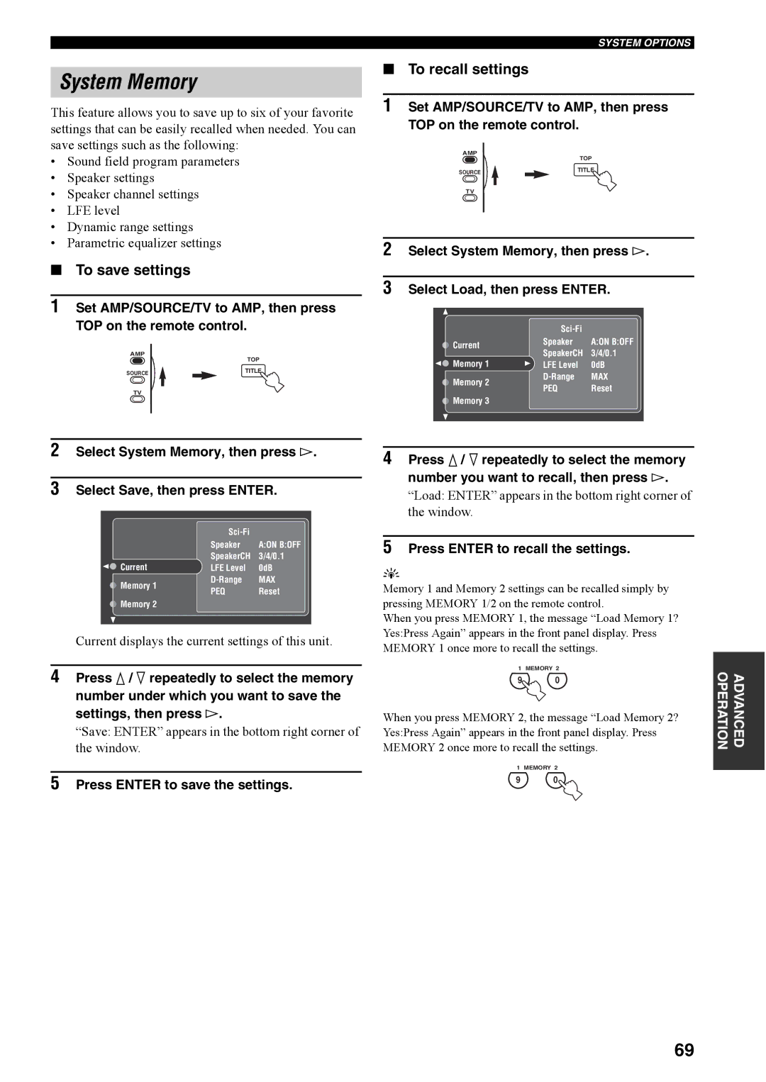 Yamaha RX-V4600 owner manual System Memory, To save settings, To recall settings, Press Enter to save the settings 