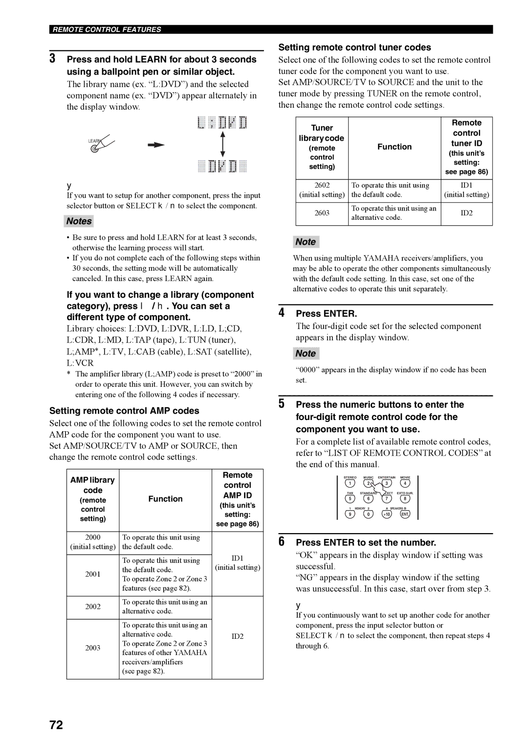 Yamaha RX-V4600 owner manual Setting remote control AMP codes, Setting remote control tuner codes, Press Enter, Tuner ID 