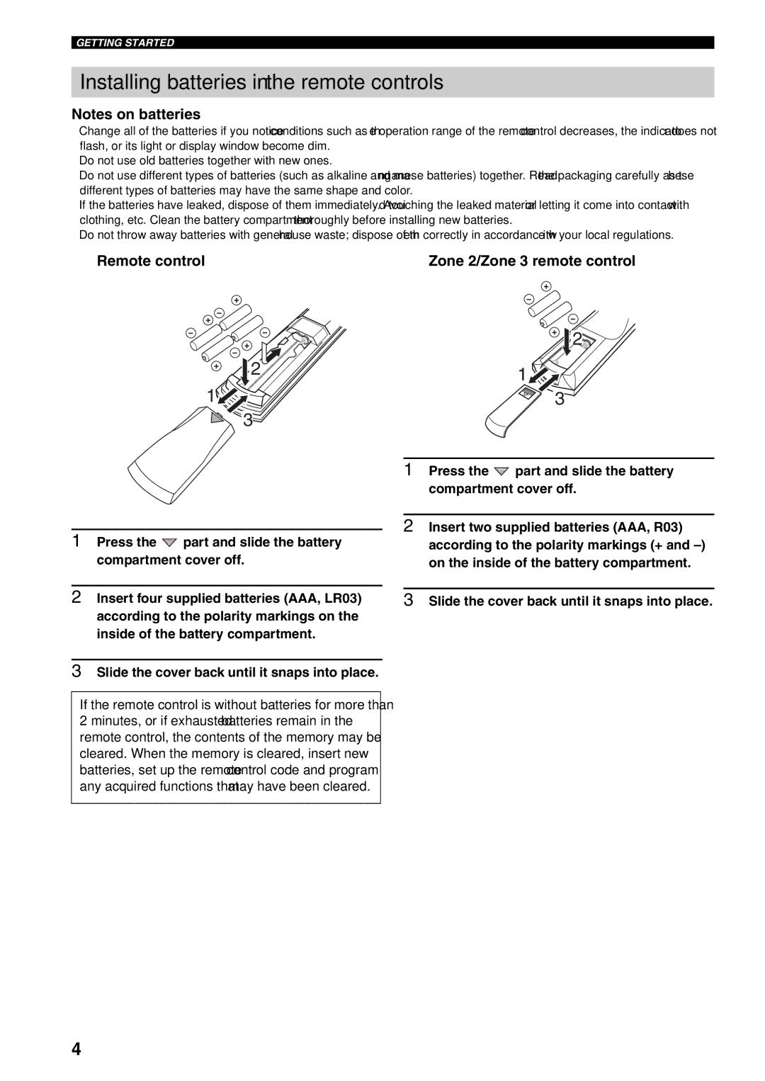 Yamaha RX-V4600 owner manual Installing batteries in the remote controls, Remote control Zone 2/Zone 3 remote control 