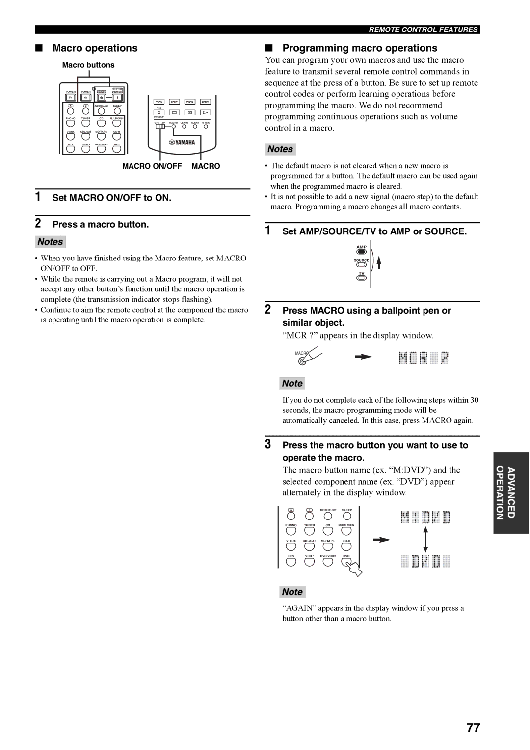 Yamaha RX-V4600 owner manual Macro operations, Programming macro operations, Set Macro ON/OFF to on Press a macro button 