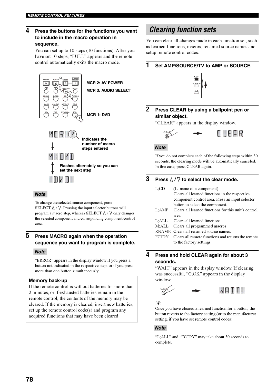 Yamaha RX-V4600 owner manual Clearing function sets, Press Clear by using a ballpoint pen or similar object 