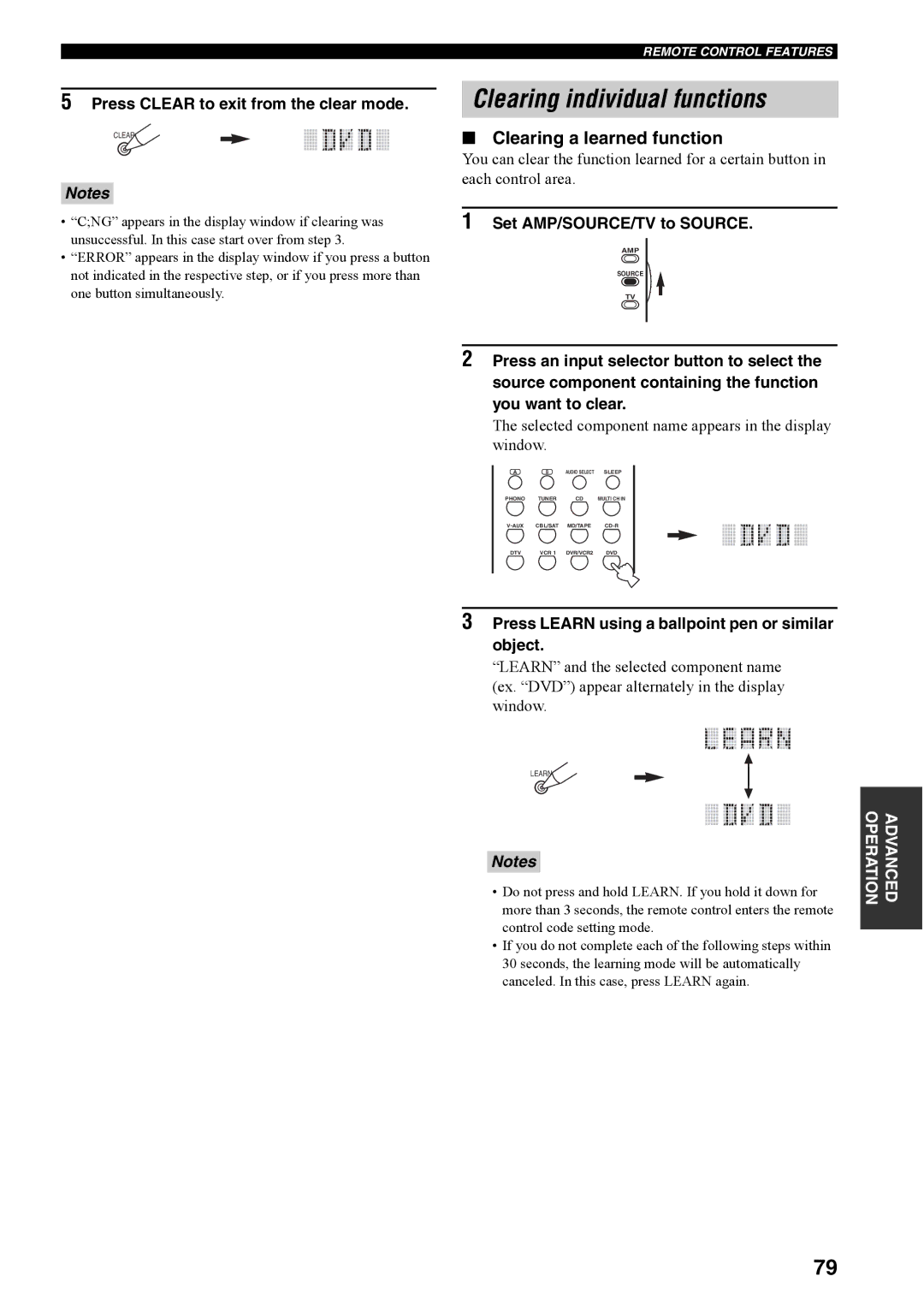 Yamaha RX-V4600 Clearing individual functions, Clearing a learned function, Press Clear to exit from the clear mode 