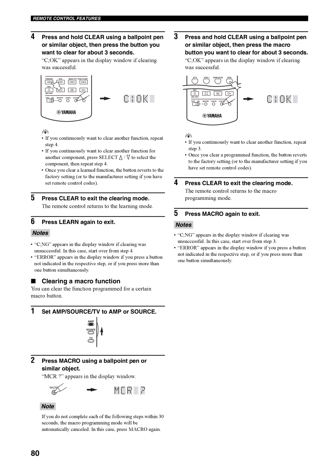 Yamaha RX-V4600 owner manual Clearing a macro function, Press Clear to exit the clearing mode, Press Learn again to exit 