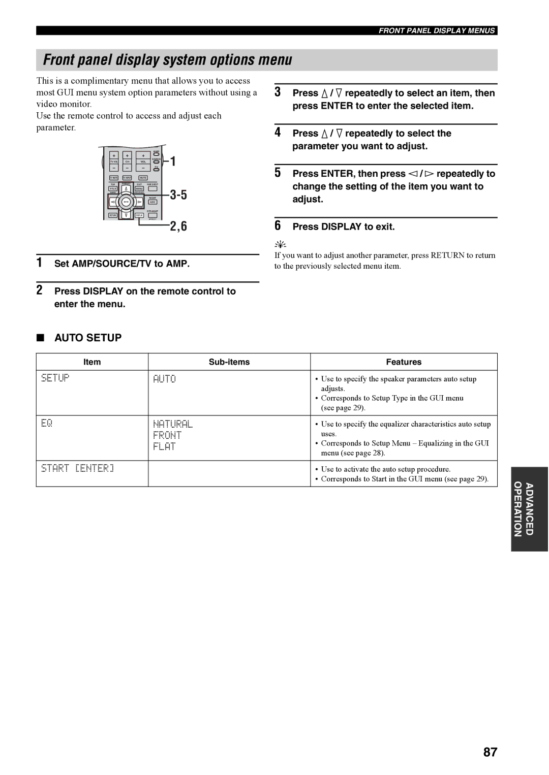 Yamaha RX-V4600 owner manual Front panel display system options menu, Auto Setup 