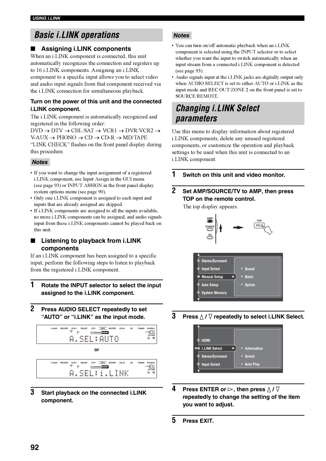 Yamaha RX-V4600 owner manual Basic i.LINK operations, Changing i.LINK Select parameters, Assigning i.LINK components 