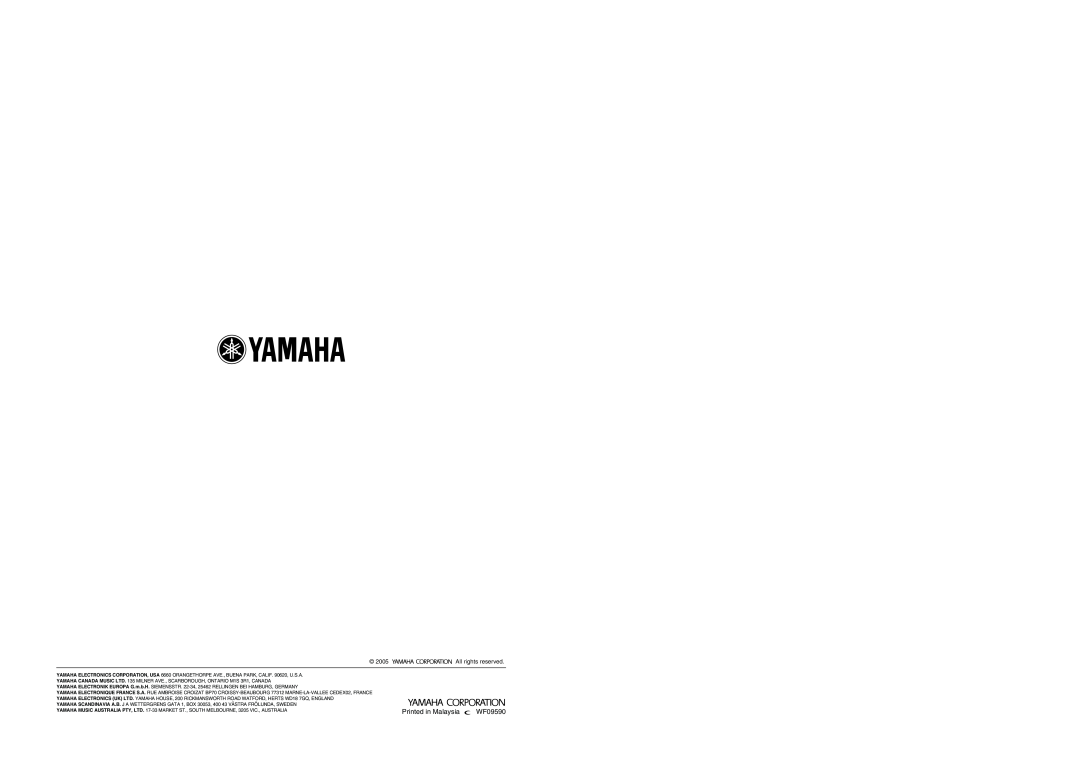 Yamaha RX-V4600 owner manual Printed in Malaysia, WF09590, All rights reserved 