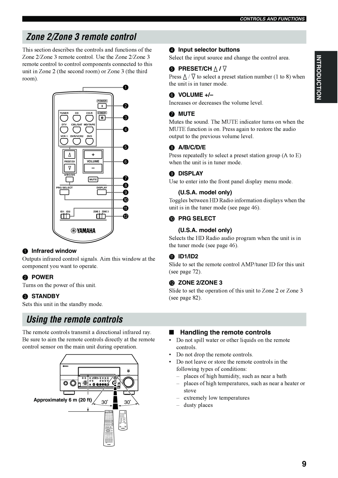 Yamaha RX-V4600 Zone 2/Zone 3 remote control, Using the remote controls, Handling the remote controls, Power, Standby 