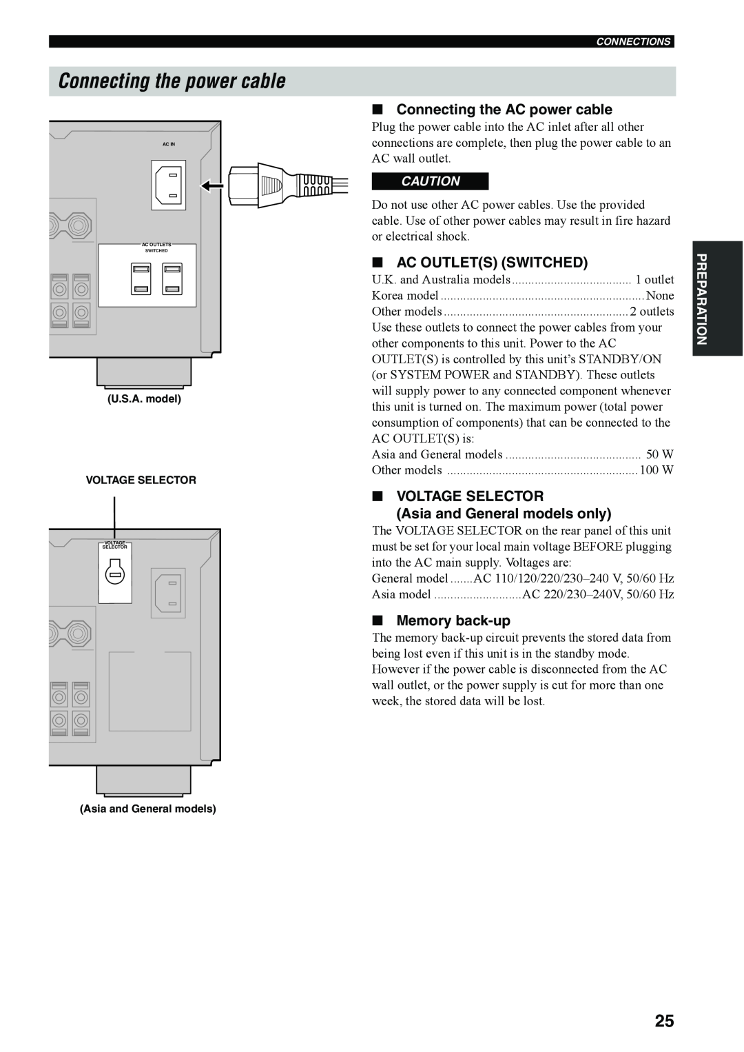 Yamaha RX-V4600 Connecting the power cable, Connecting the AC power cable, Ac Outlets Switched, Voltage Selector 