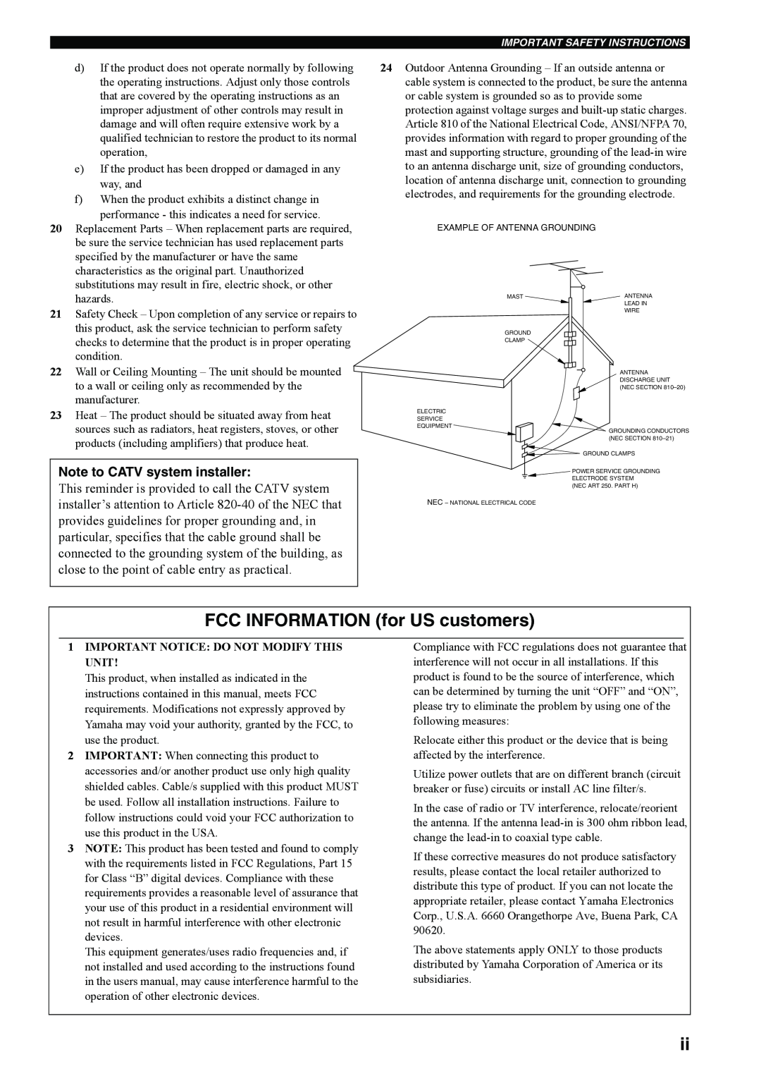 Yamaha RX-V4600 FCC INFORMATION for US customers, Note to CATV system installer, Important Notice Do Not Modify This Unit 