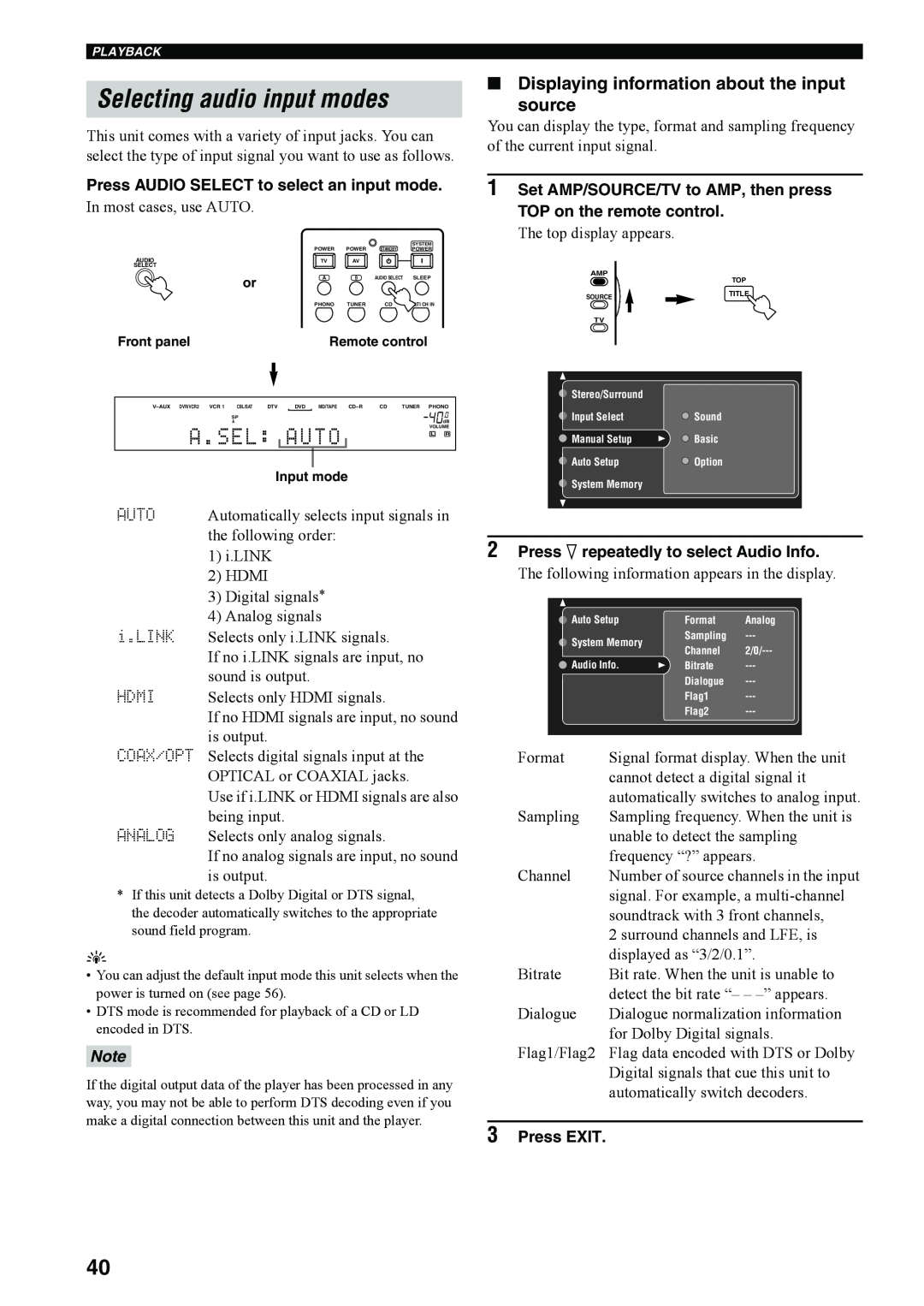 Yamaha RX-V4600 Selecting audio input modes, Displaying information about the input source, Auto, the following order 