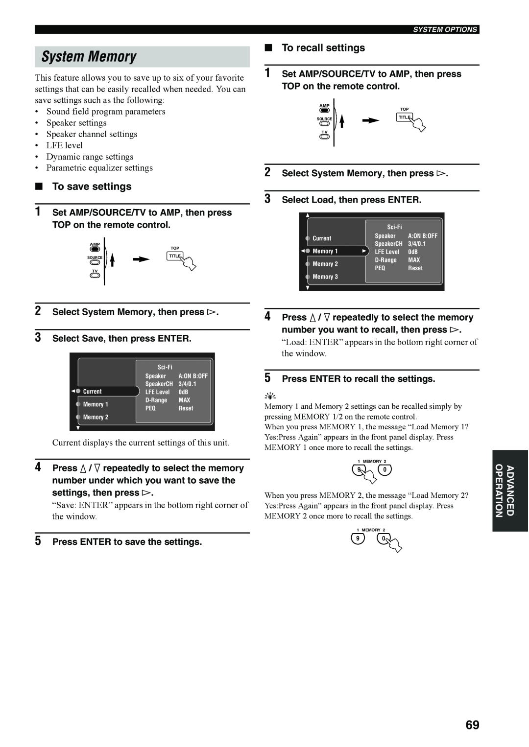 Yamaha RX-V4600 owner manual System Memory, To save settings, To recall settings, Press ENTER to save the settings 