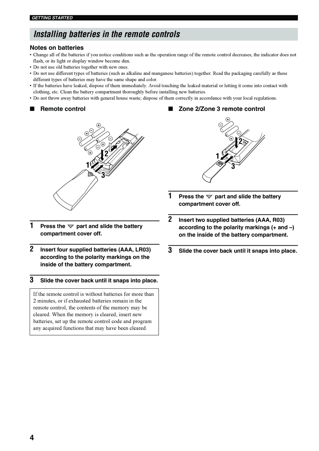 Yamaha RX-V4600 owner manual Installing batteries in the remote controls, Notes on batteries, Remote control 
