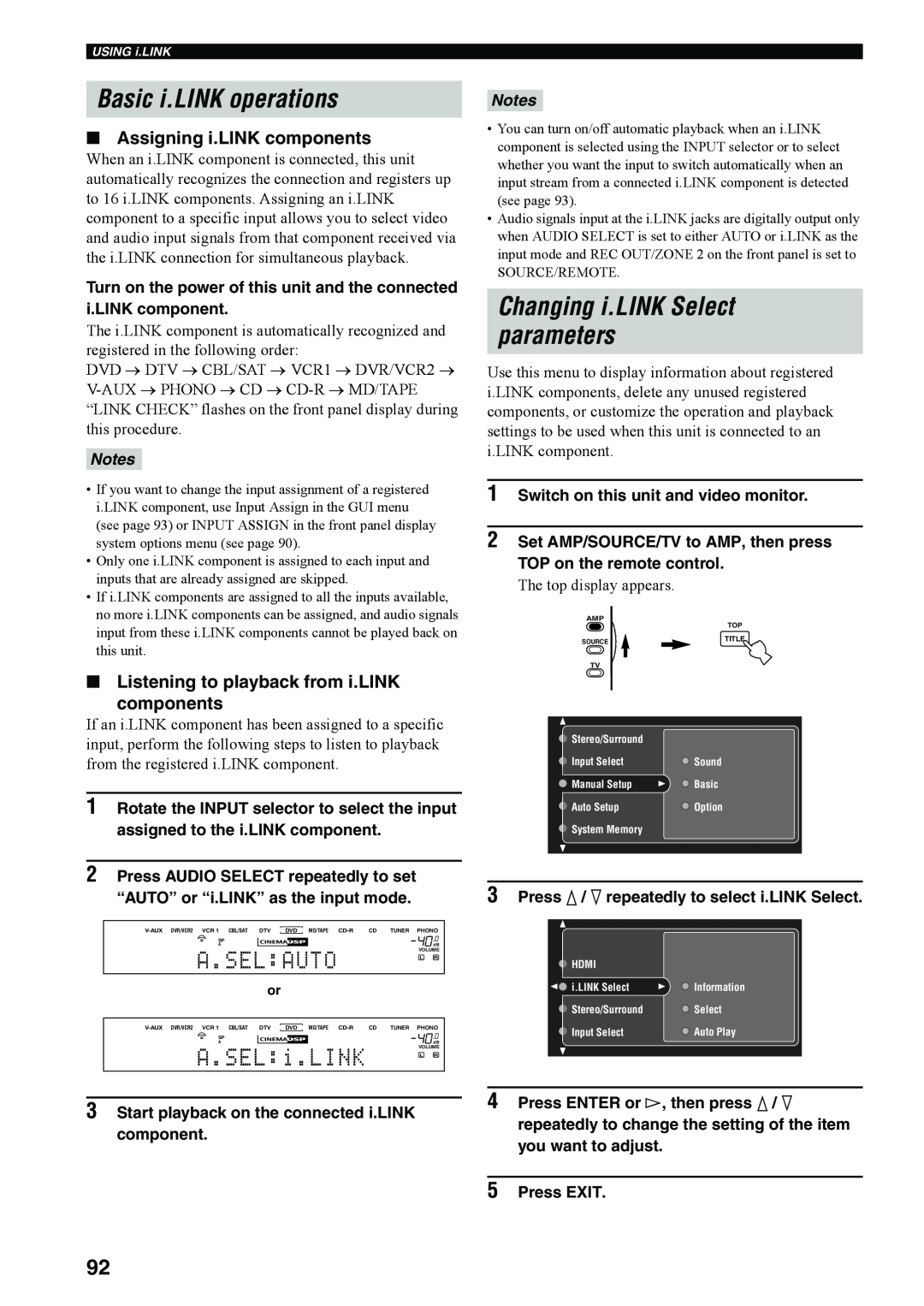 Yamaha RX-V4600 owner manual Basic i.LINK operations, Changing i.LINK Select parameters, A.Selauto, A.SELi.LINK, Press EXIT 