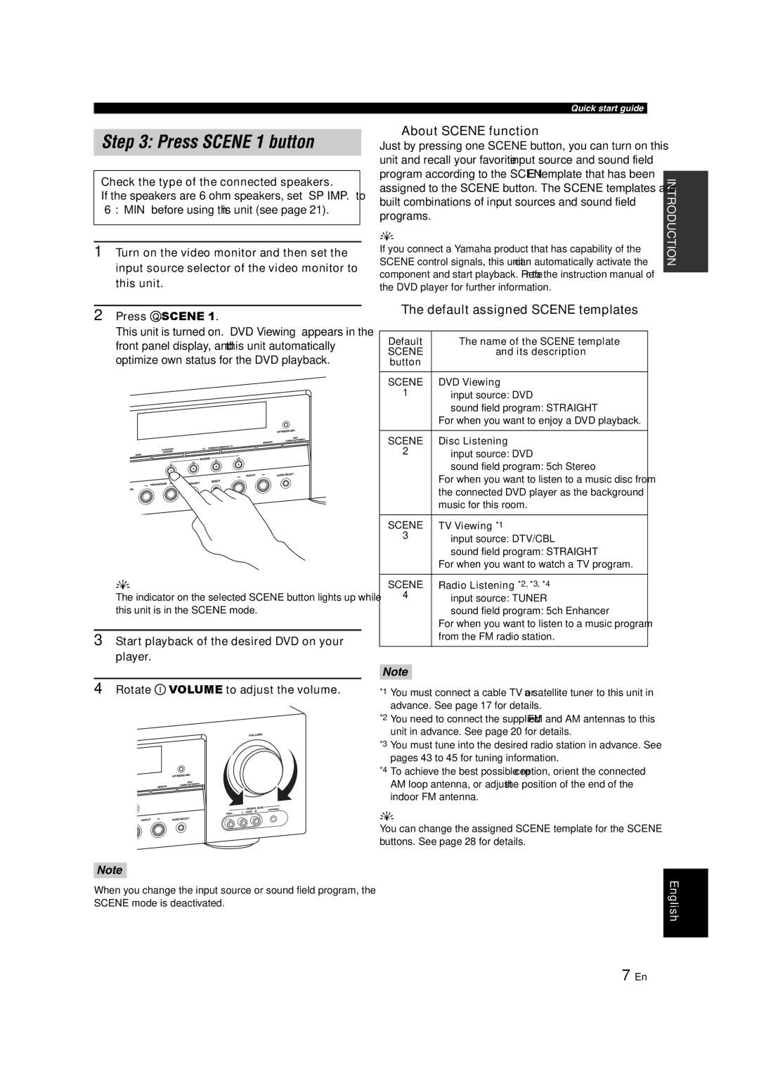 Yamaha RX-V463 owner manual Press Scene 1 button, About Scene function, Default assigned Scene templates 