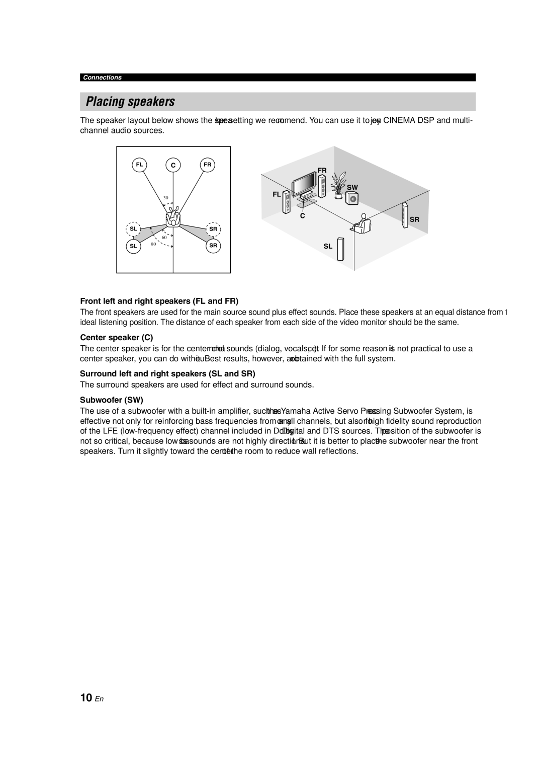 Yamaha RX-V463 owner manual Placing speakers, 10 En 