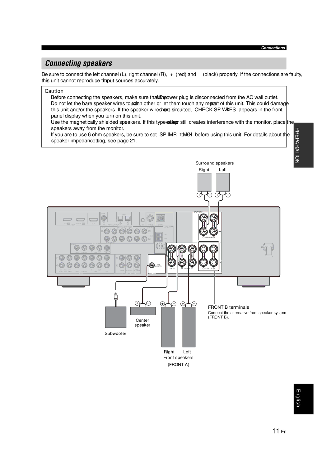 Yamaha RX-V463 owner manual Connecting speakers, 11 En, Front B terminals, Surround speakers Right Left 