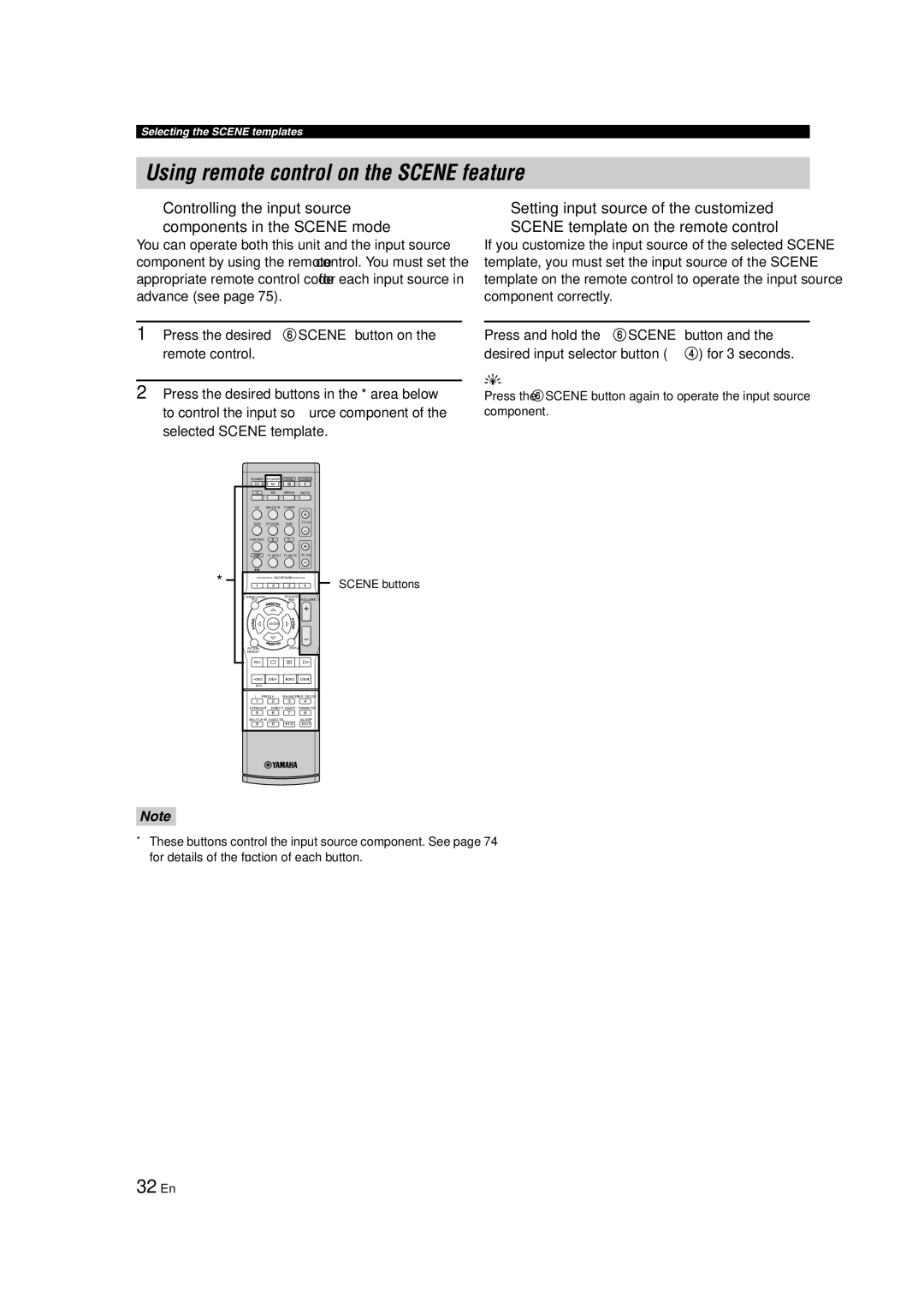 Yamaha RX-V463 Using remote control on the Scene feature, 32 En, Controlling the input source Components in the Scene mode 