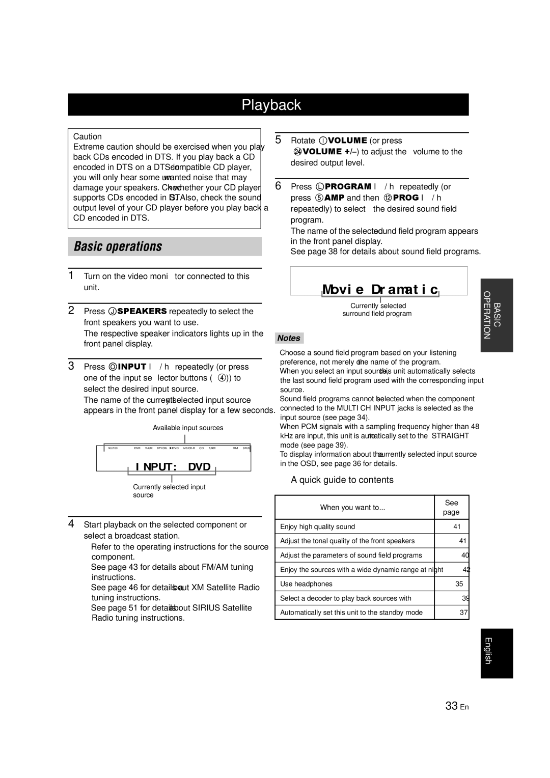 Yamaha RX-V463 owner manual Playback, Basic operations, 33 En, Quick guide to contents 