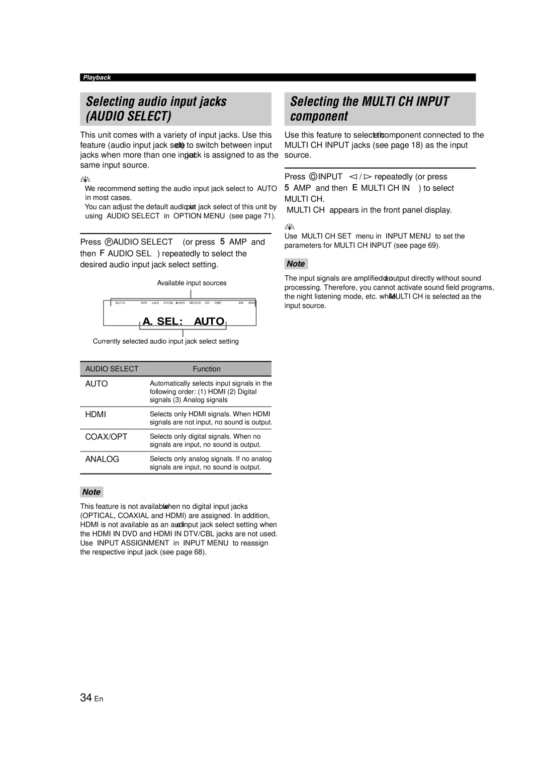 Yamaha RX-V463 owner manual Selecting audio input jacks, Selecting the Multi CH Input component, 34 En 