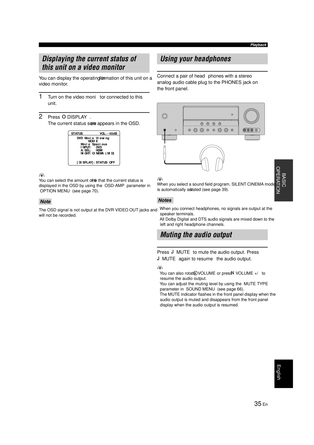 Yamaha RX-V463 owner manual Using your headphones, Muting the audio output, 35 En, Current status screen appears in the OSD 