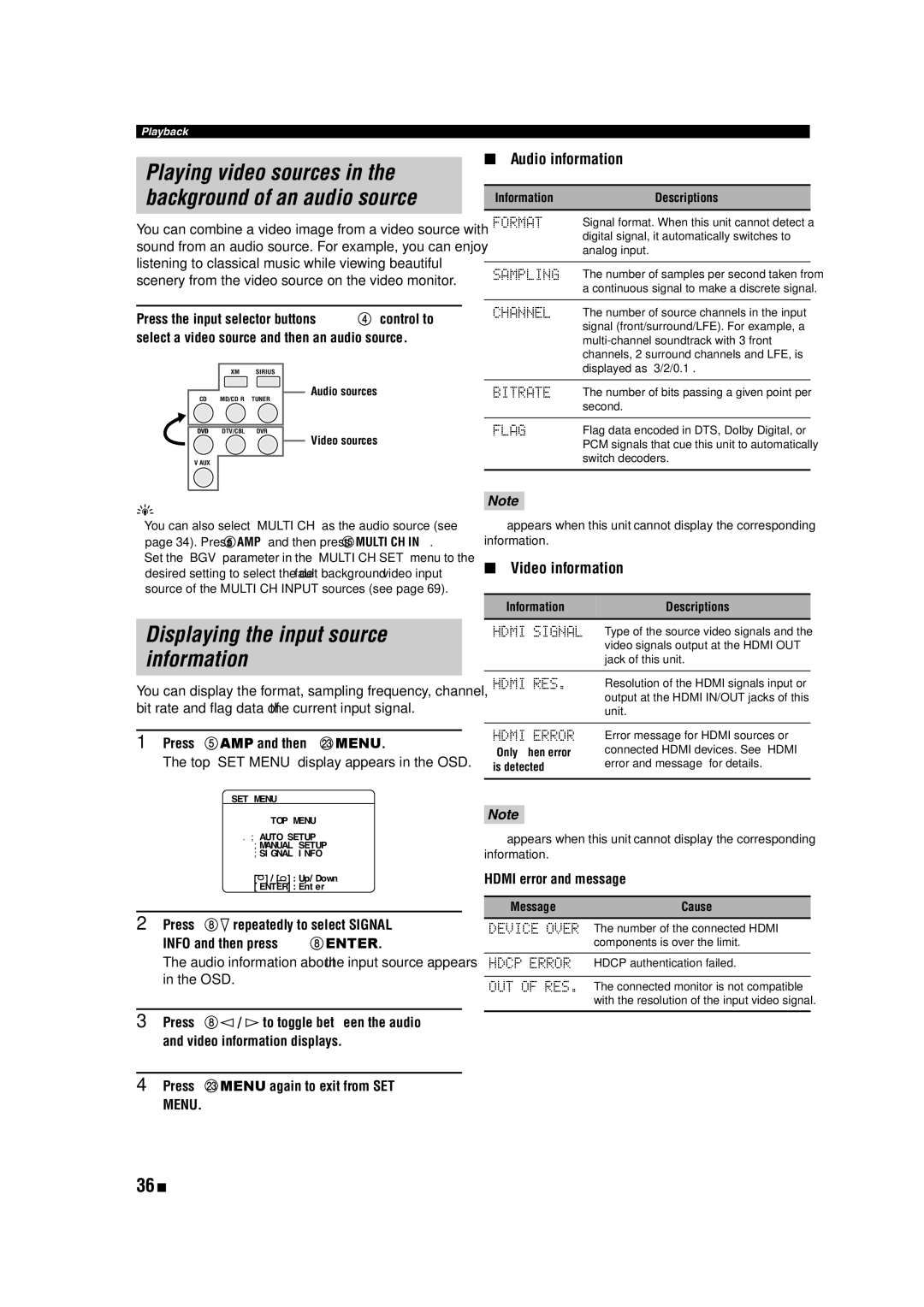 Yamaha RX-V463 owner manual Displaying the input source information, 36 En, Audio information, Video information 