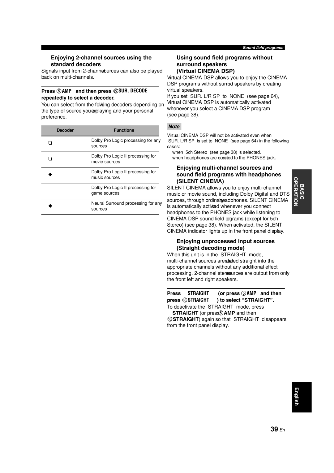 Yamaha RX-V463 owner manual 39 En, Enjoying 2-channel sources using Standard decoders 