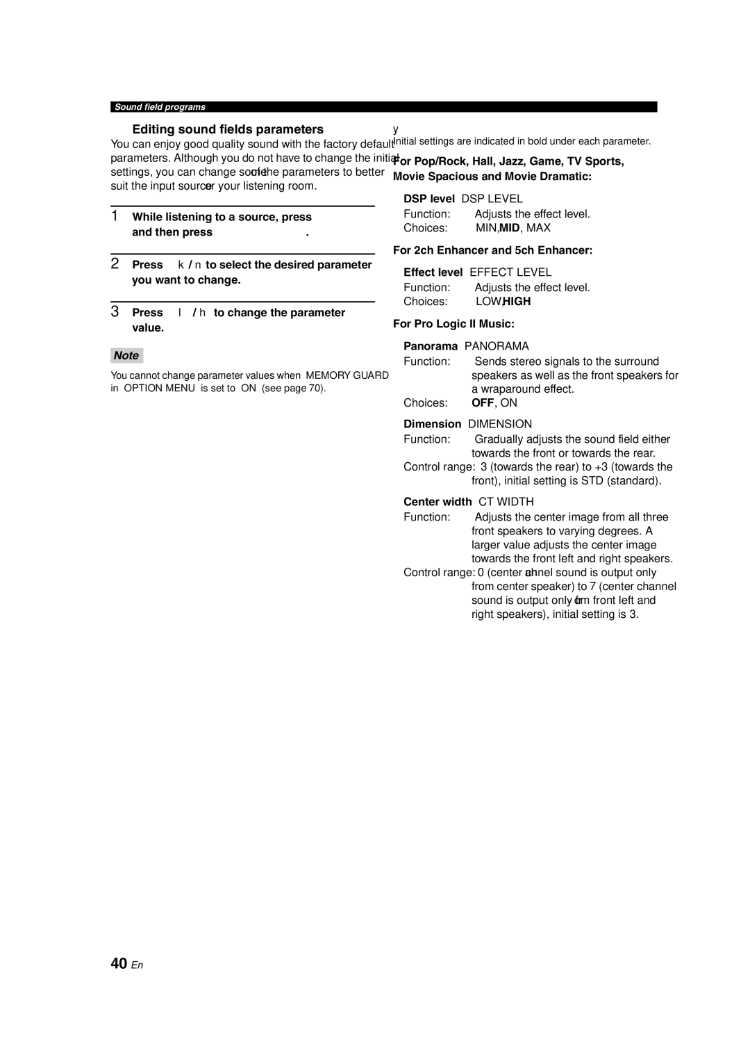 Yamaha RX-V463 owner manual 40 En, Editing sound fields parameters 