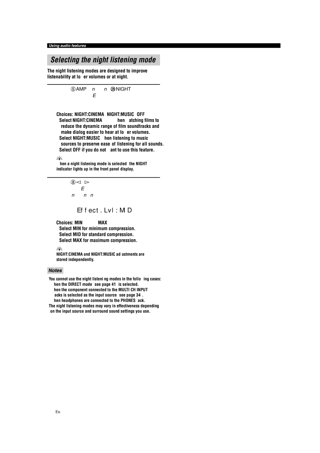 Yamaha RX-V463 owner manual Selecting the night listening mode, 42 En 