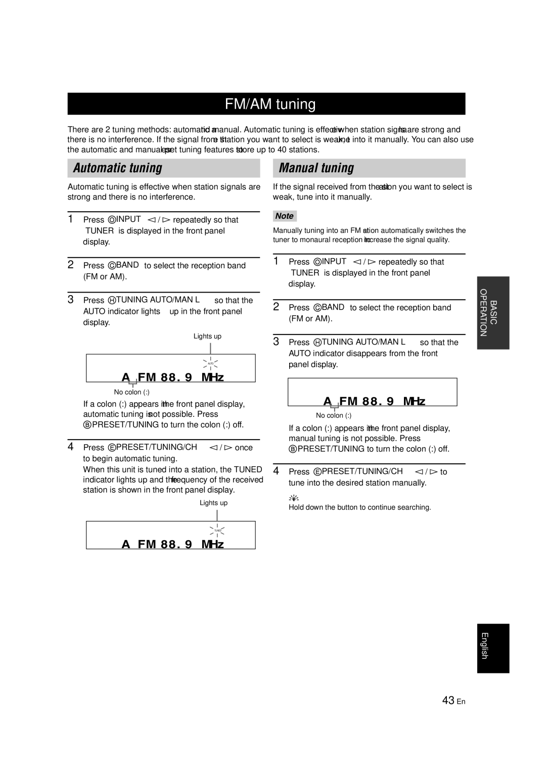 Yamaha RX-V463 owner manual FM/AM tuning, Automatic tuning Manual tuning, 43 En, Lights up, No colon 