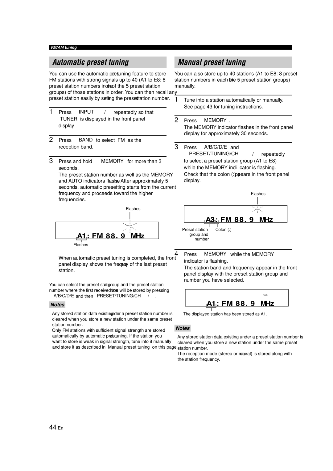 Yamaha RX-V463 owner manual Automatic preset tuning, Manual preset tuning, 44 En 