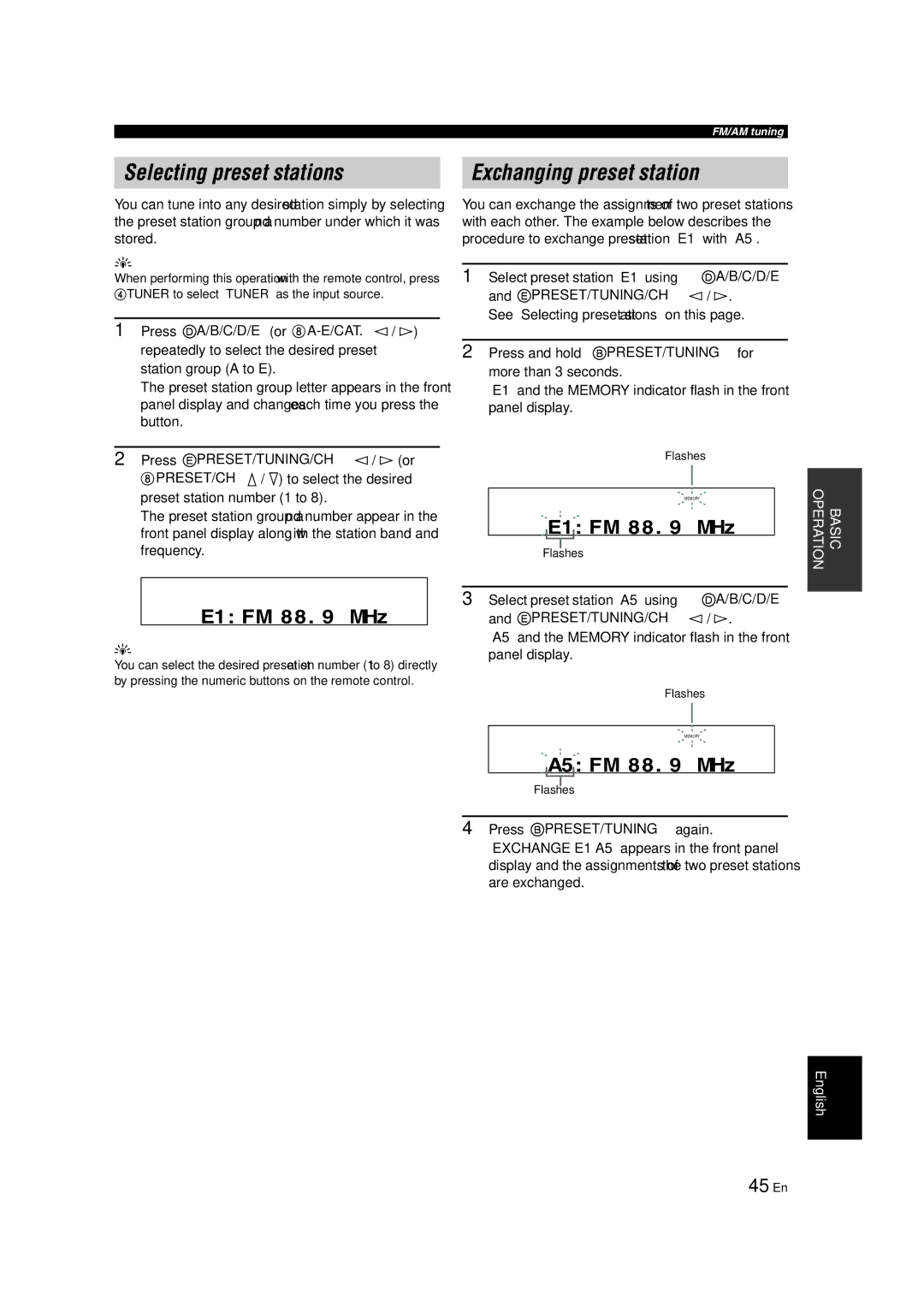 Yamaha RX-V463 owner manual Exchanging preset station, 45 En, See Selecting preset stations on this 