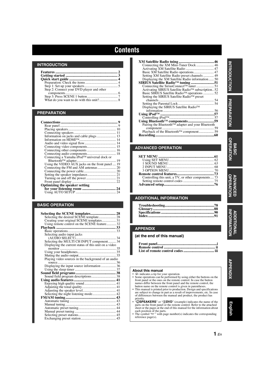 Yamaha RX-V463 owner manual Contents 