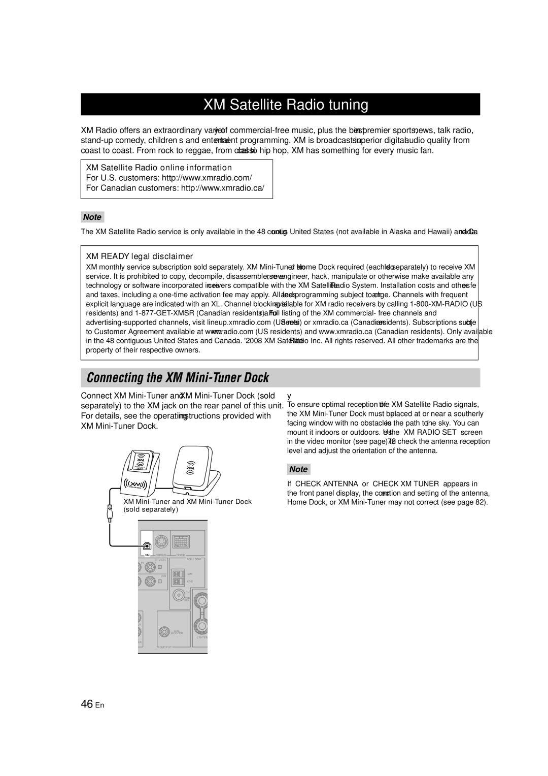 Yamaha RX-V463 XM Satellite Radio tuning, 46 En, XM Satellite Radio online information, XM Ready legal disclaimer 