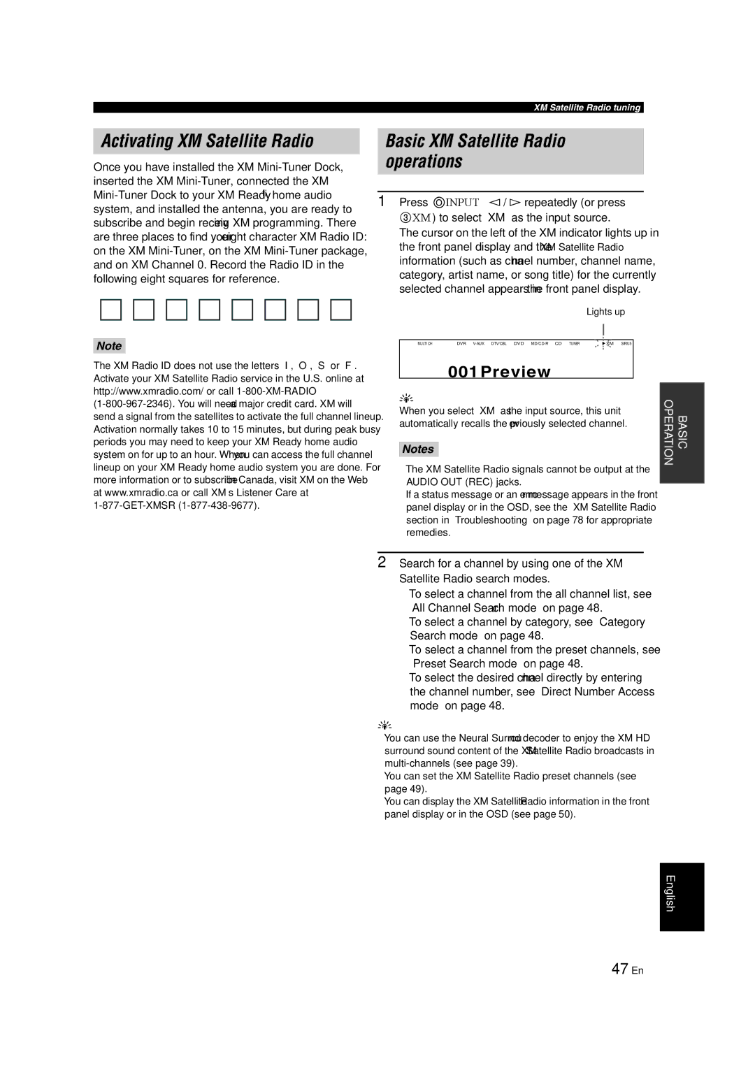 Yamaha RX-V463 owner manual Activating XM Satellite Radio, Basic XM Satellite Radio operations, 47 En 