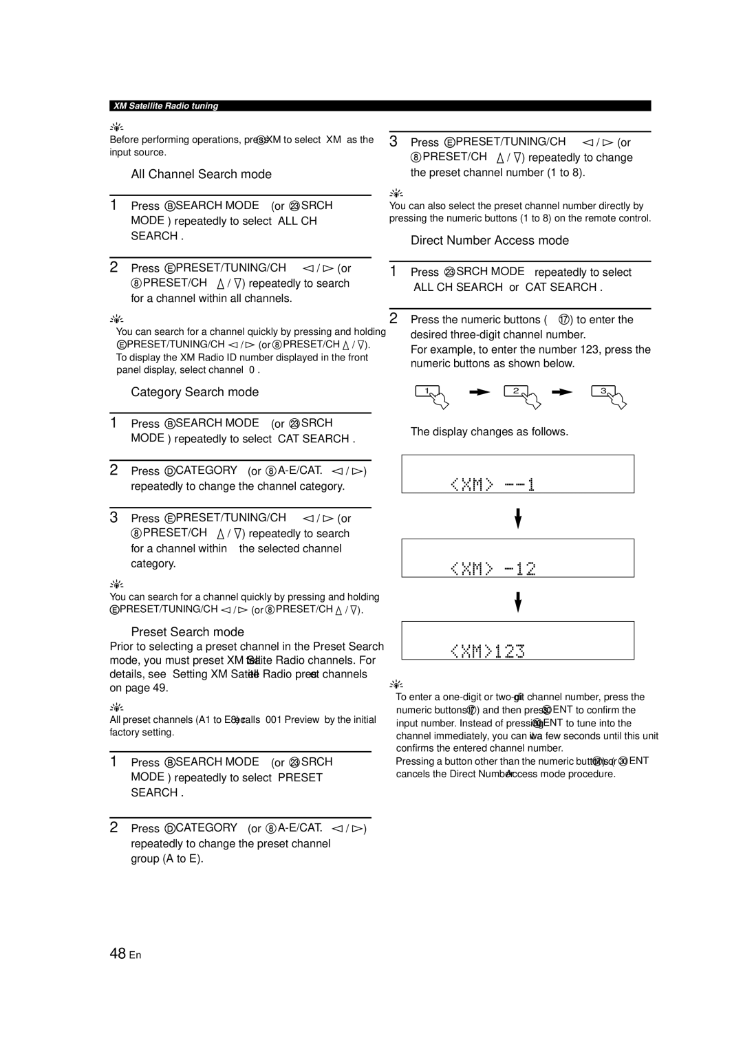 Yamaha RX-V463 48 En, All Channel Search mode, Category Search mode, Preset Search mode, Direct Number Access mode 