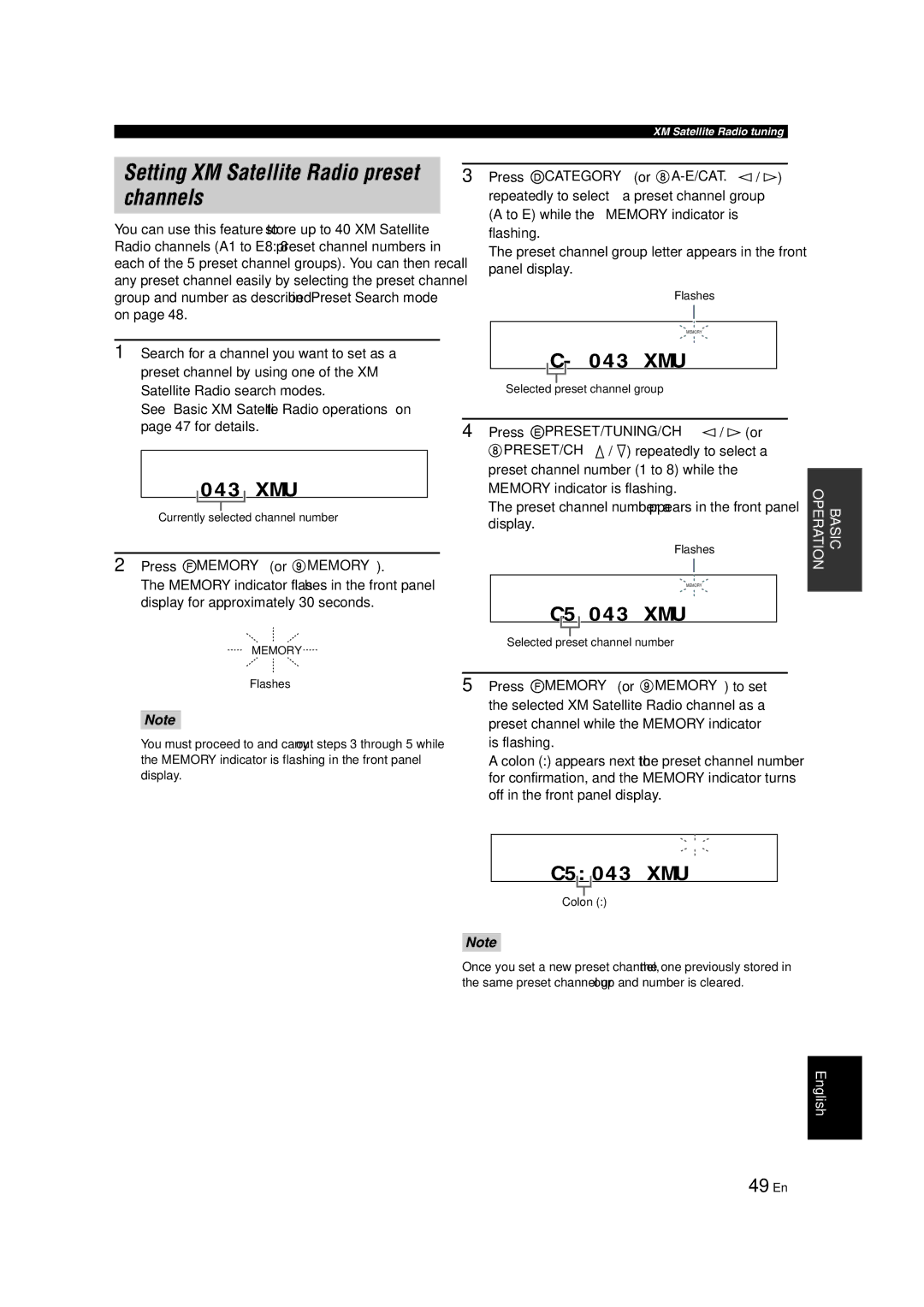 Yamaha RX-V463 Setting XM Satellite Radio preset channels, 49 En, Preset channel number appears in the front panel display 