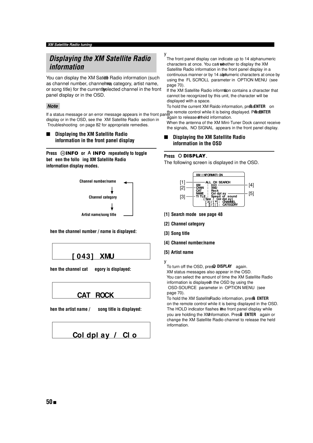 Yamaha RX-V463 owner manual Displaying the XM Satellite Radio information, 50 En 