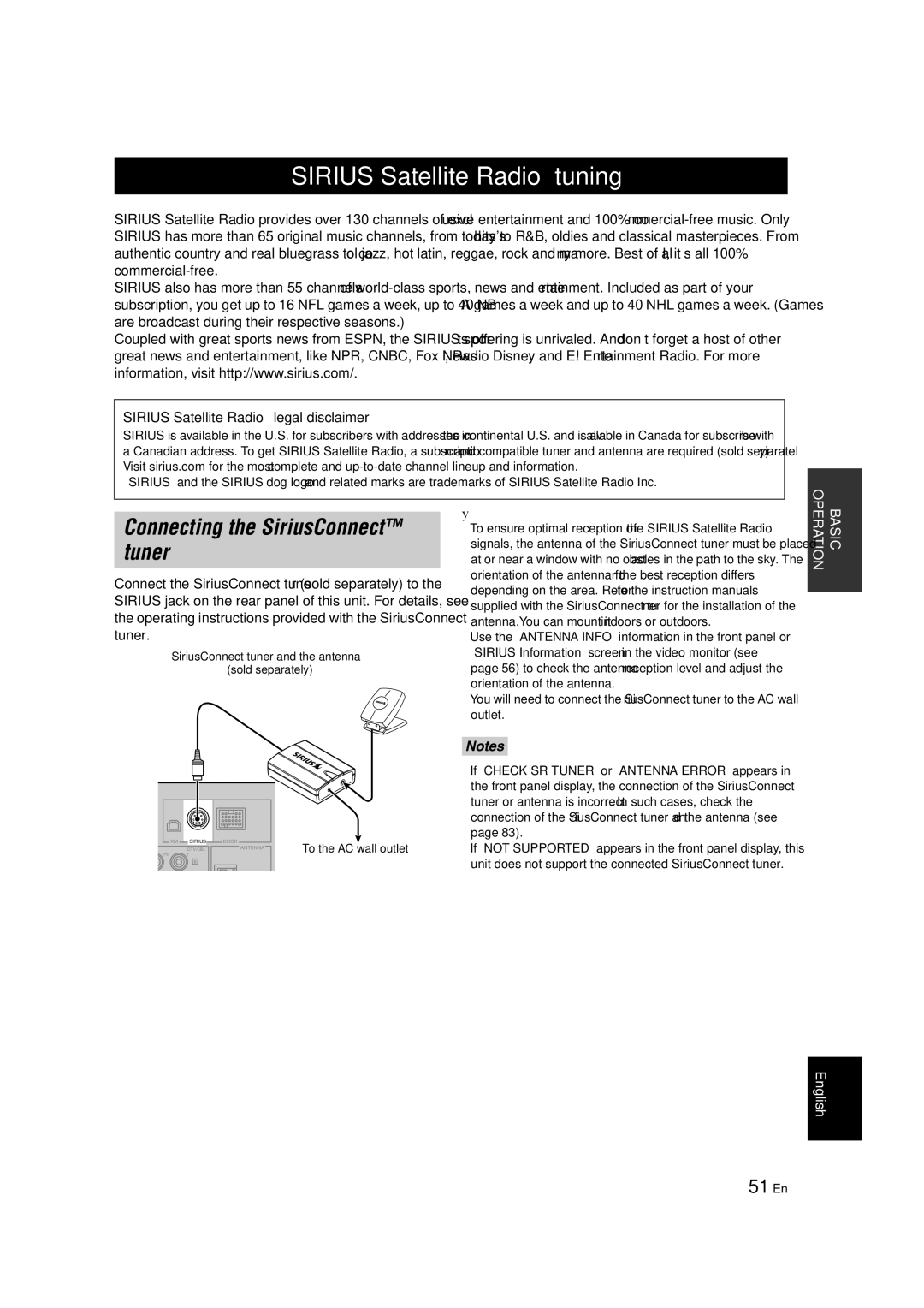 Yamaha RX-V463 owner manual Sirius Satellite Radio tuning, Connecting the SiriusConnect tuner, 51 En 