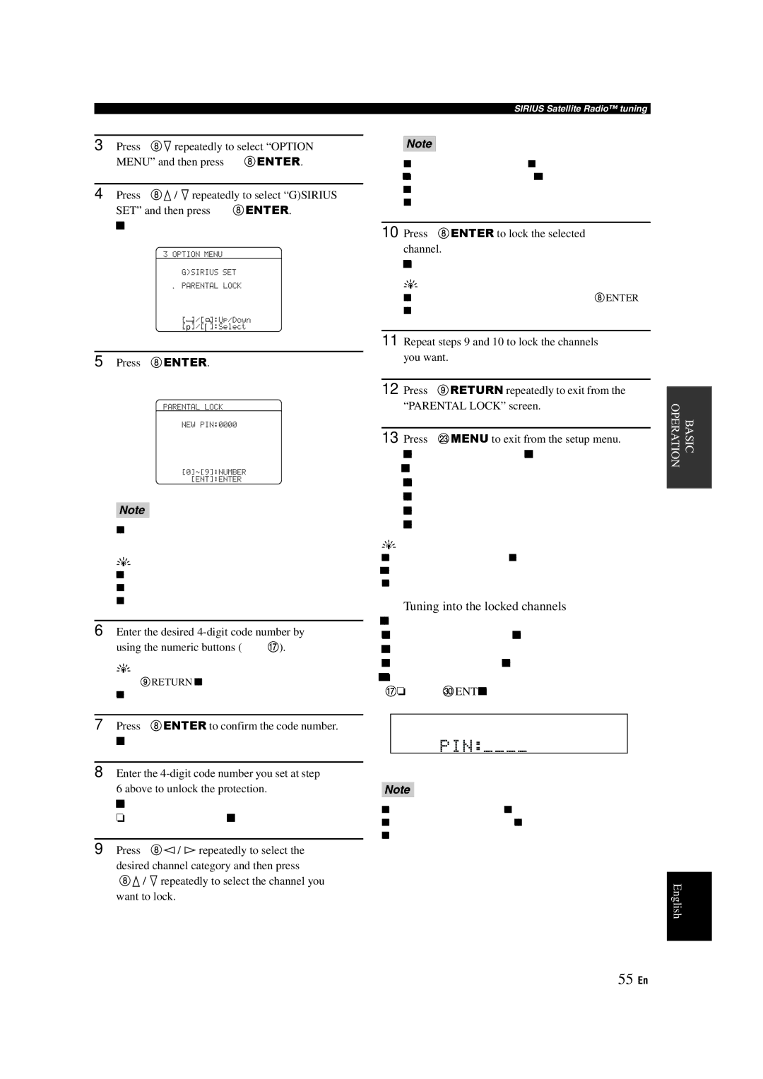 Yamaha RX-V463 owner manual 55 En, Tuning into the locked channels, Press 8ENTER to confirm the code number 