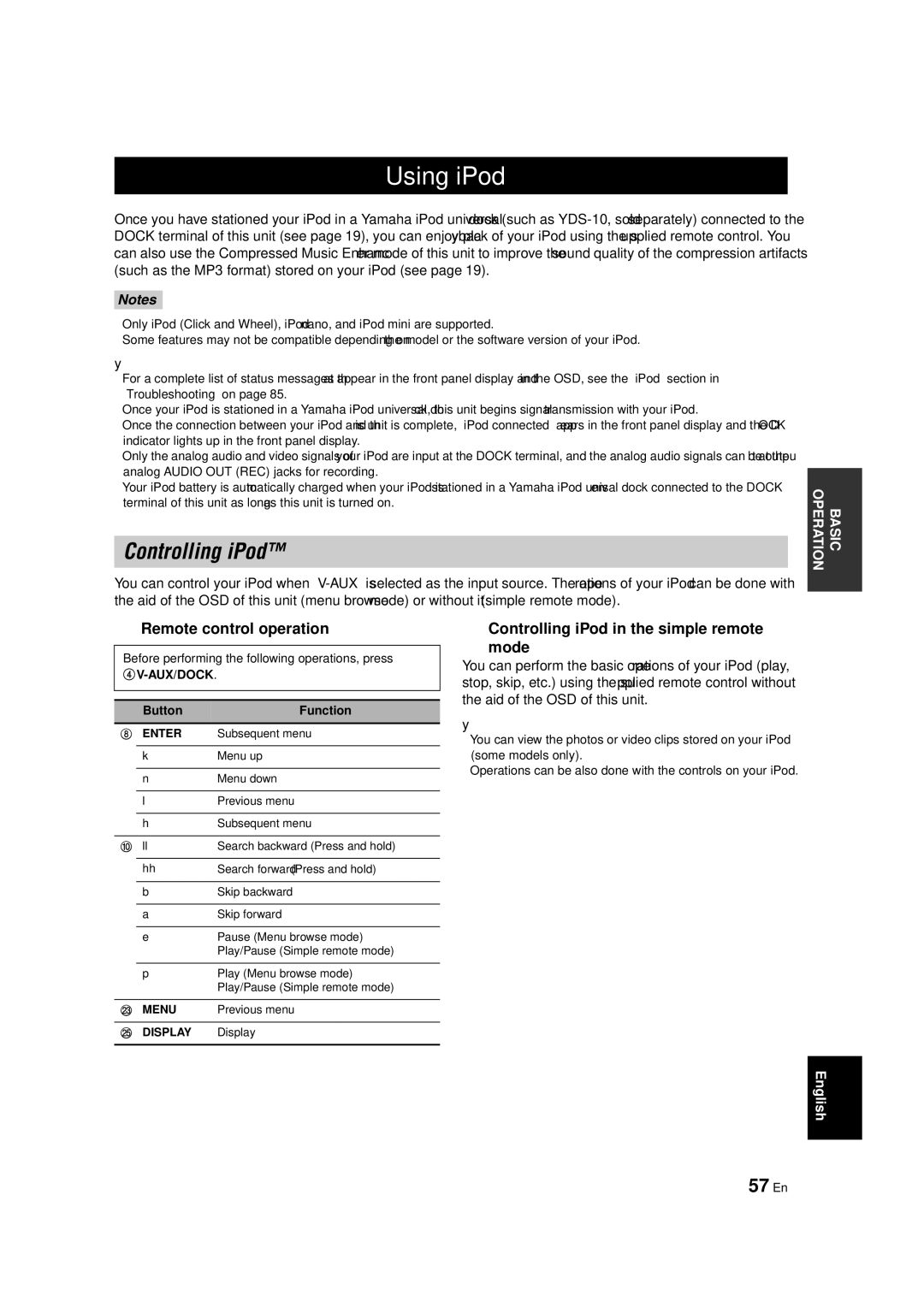 Yamaha RX-V463 owner manual Using iPod, 57 En, Remote control operation, Controlling iPod in the simple remote Mode 