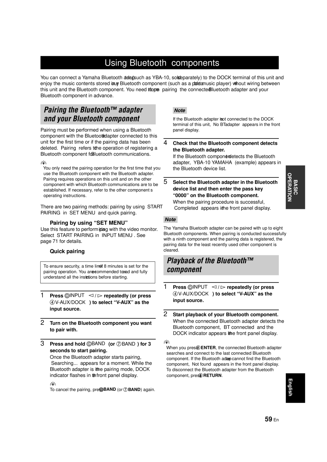 Yamaha RX-V463 owner manual Using Bluetooth components, 59 En, Pairing by using SET Menu, Quick pairing 