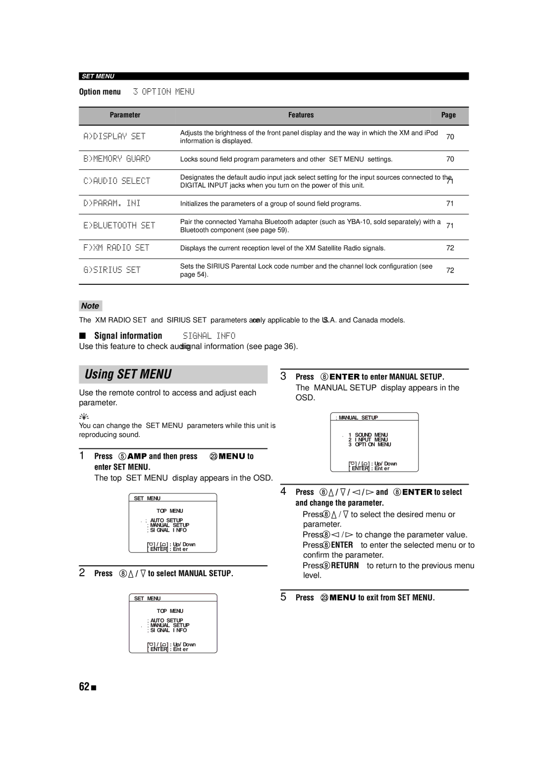 Yamaha RX-V463 owner manual Using SET Menu, 62 En, Signal information Signal Info 