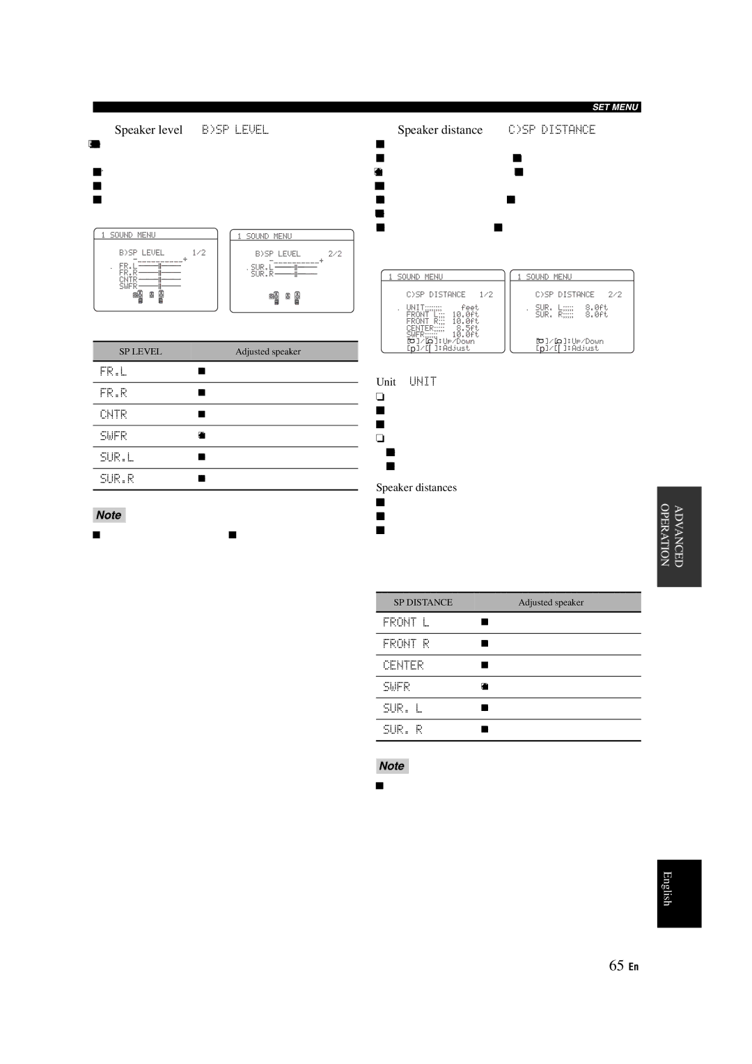 Yamaha RX-V463 owner manual 65 En, Speaker level BSP Level, Speaker distance CSP Distance, Unit Unit, Speaker distances 