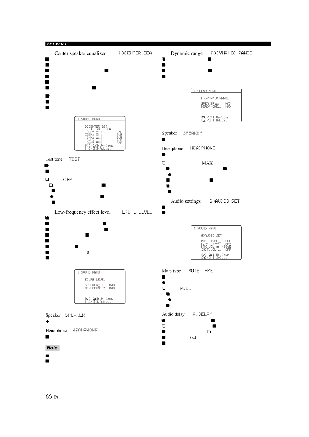 Yamaha RX-V463 owner manual 66 En, Center speaker equalizer Dcenter GEQ, Low-frequency effect level Elfe Level 